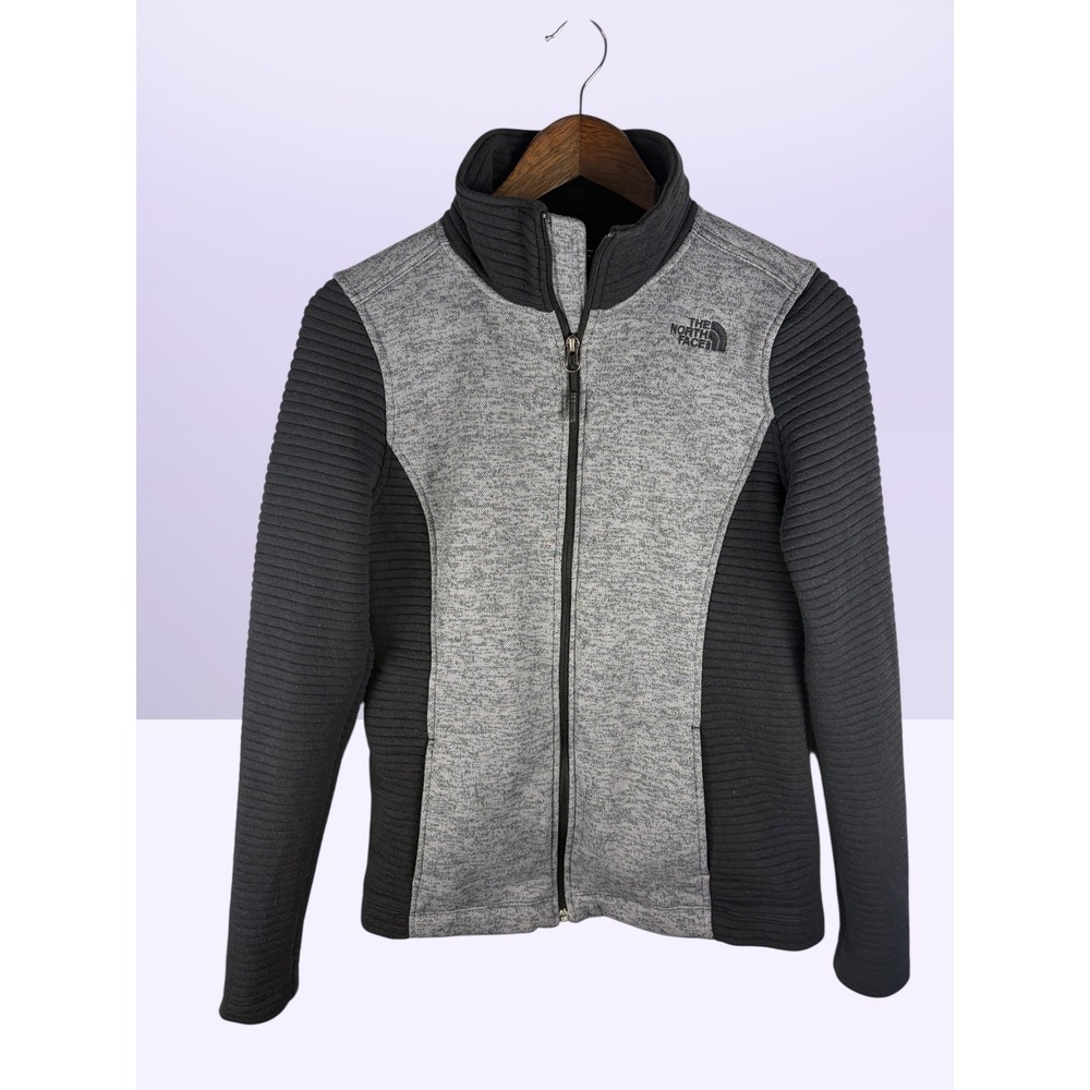 The North Face Womens Gray Black Ribbed Knit Full Zip Fleece Jacket Size S Small